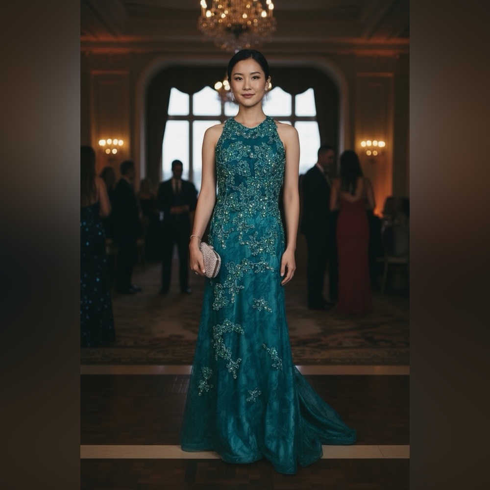 Mac Duggal sleeveless beaded & floral embroidery formal gown in teal.